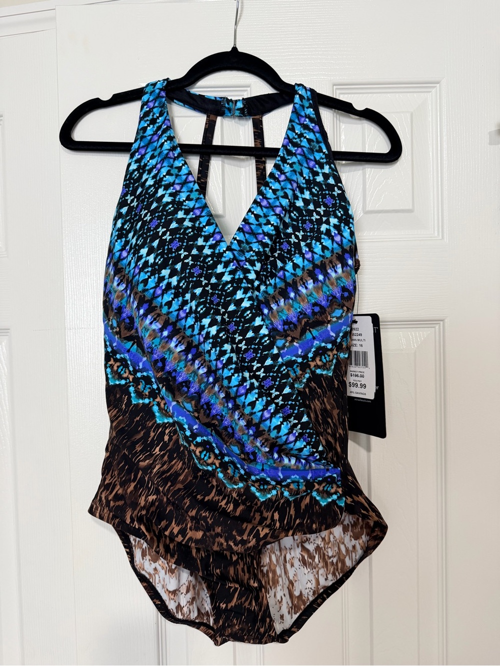 Miraclesuit Blue, Turquoise and Brown Patterned One-Piece Swimsuit V-Neck